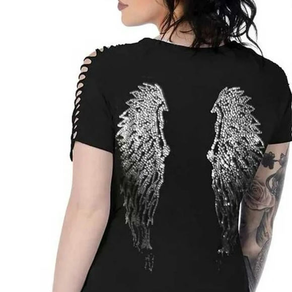 Liberty Wear Rhinestone Archangel Black Short Sleeve Tshirt Size L - Picture 3 of 10